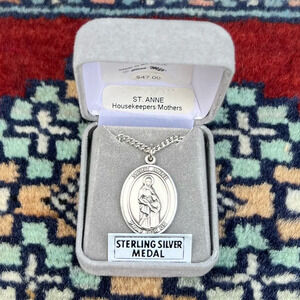 St. Anne Patron Saint Large Sterling Silver Religious Medal Necklace 24” Chain